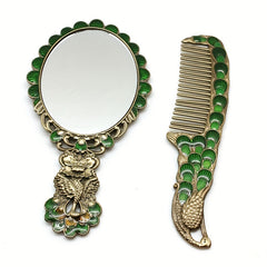 Vintage Peacock Vanity Makeup Mirror and Comb Set