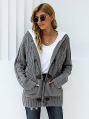 Women's Raw Hooded Flare Button Sweater Cardigan