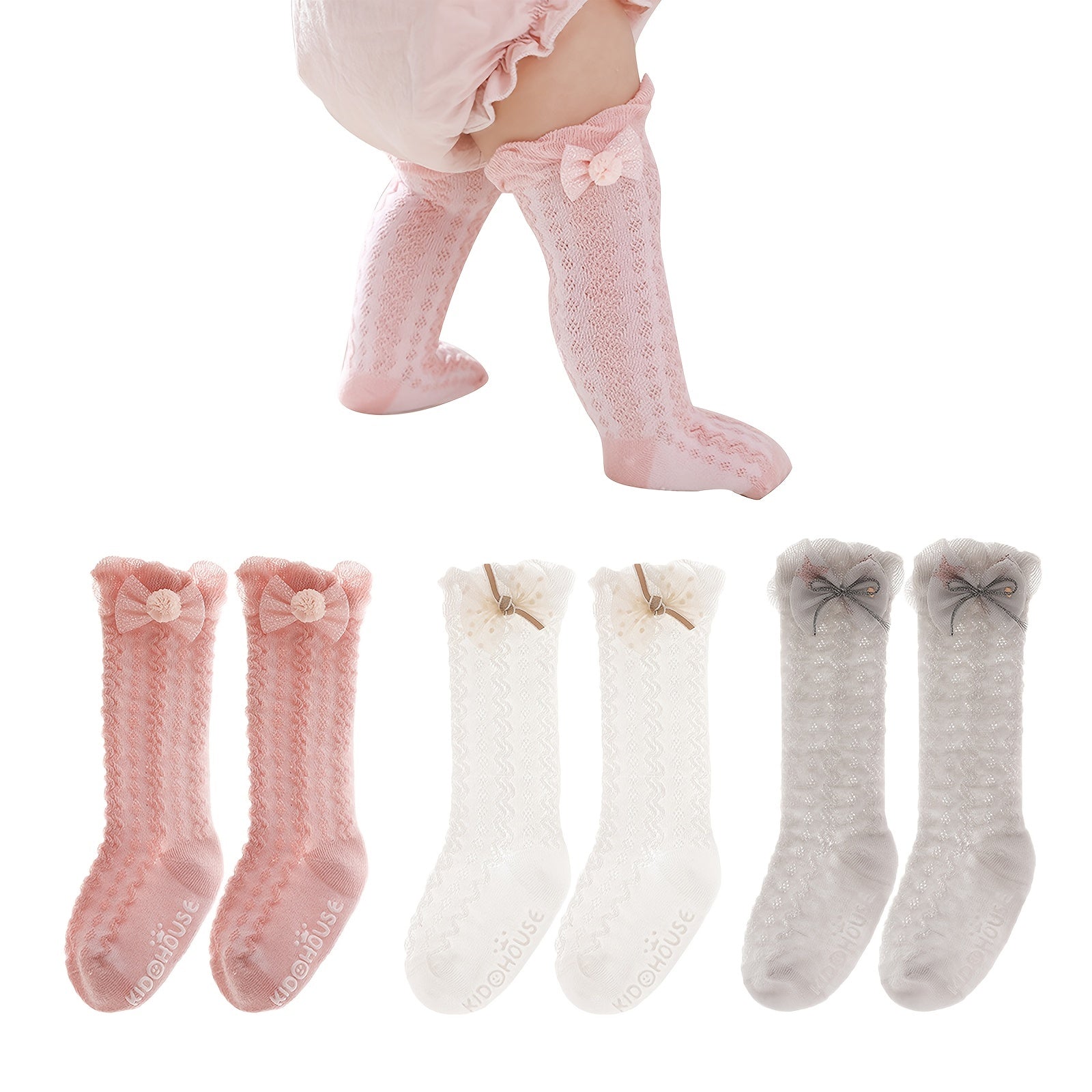 3 Pairs Baby Girls Non Slip Floor Socks Bow Ruffled Knee High Socks