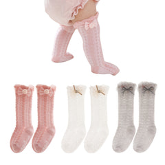3 Pairs Baby Girls Non Slip Floor Socks Bow Ruffled Knee High Socks