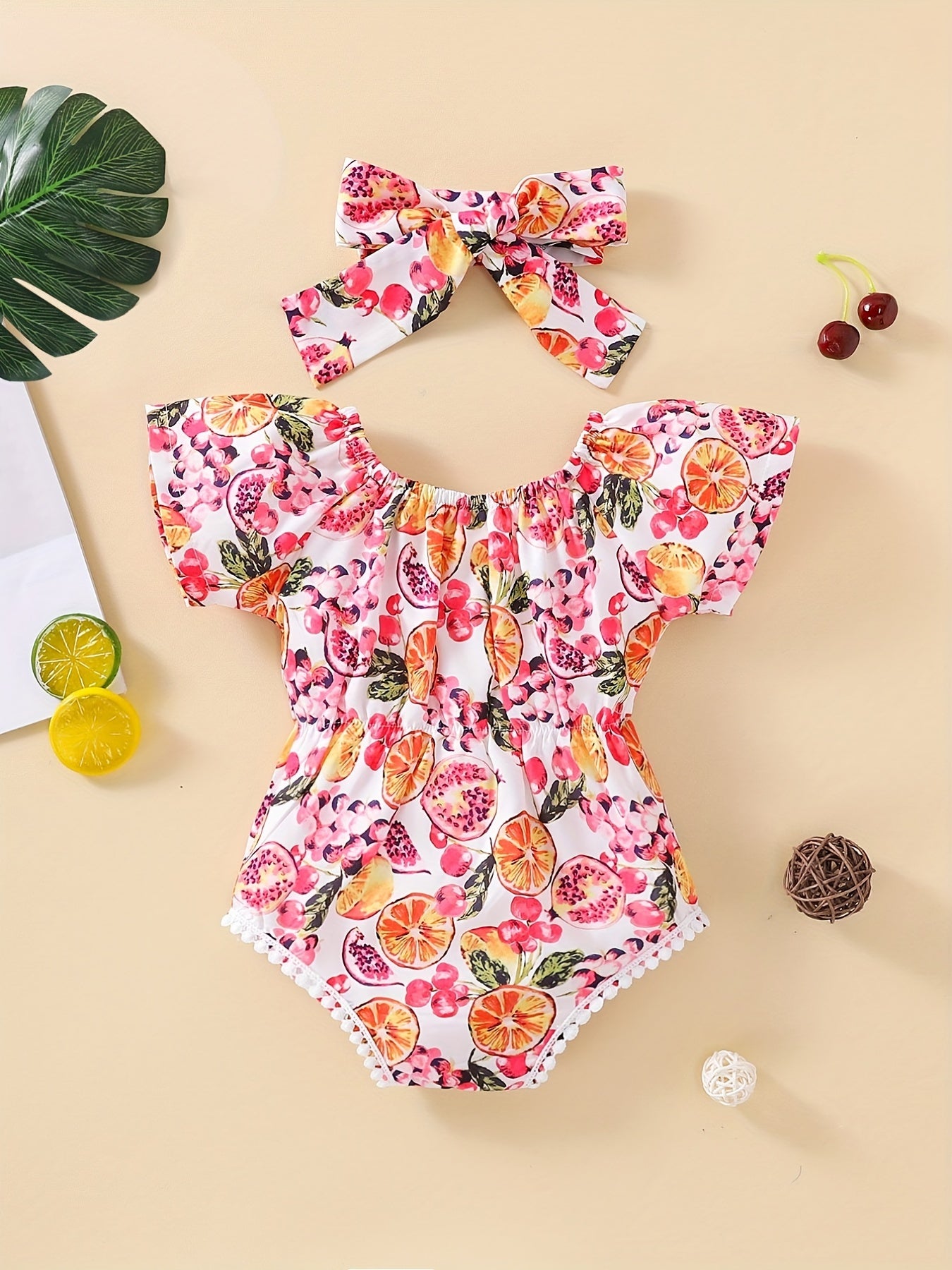 Baby Girls Fruit Graphic Flutter Sleeve Bodysuit With Furry Ball Decors