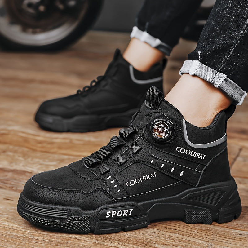 Men's Solid PU Leather Ankle Boots with Rotary Buckle