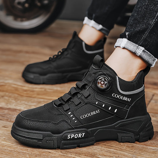 Men's Solid PU Leather Ankle Boots with Rotary Buckle