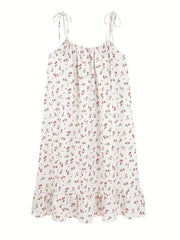 Floral Print Slip Nightdress Lace Up Ruffle Sleep Dress Women's Sleepwear