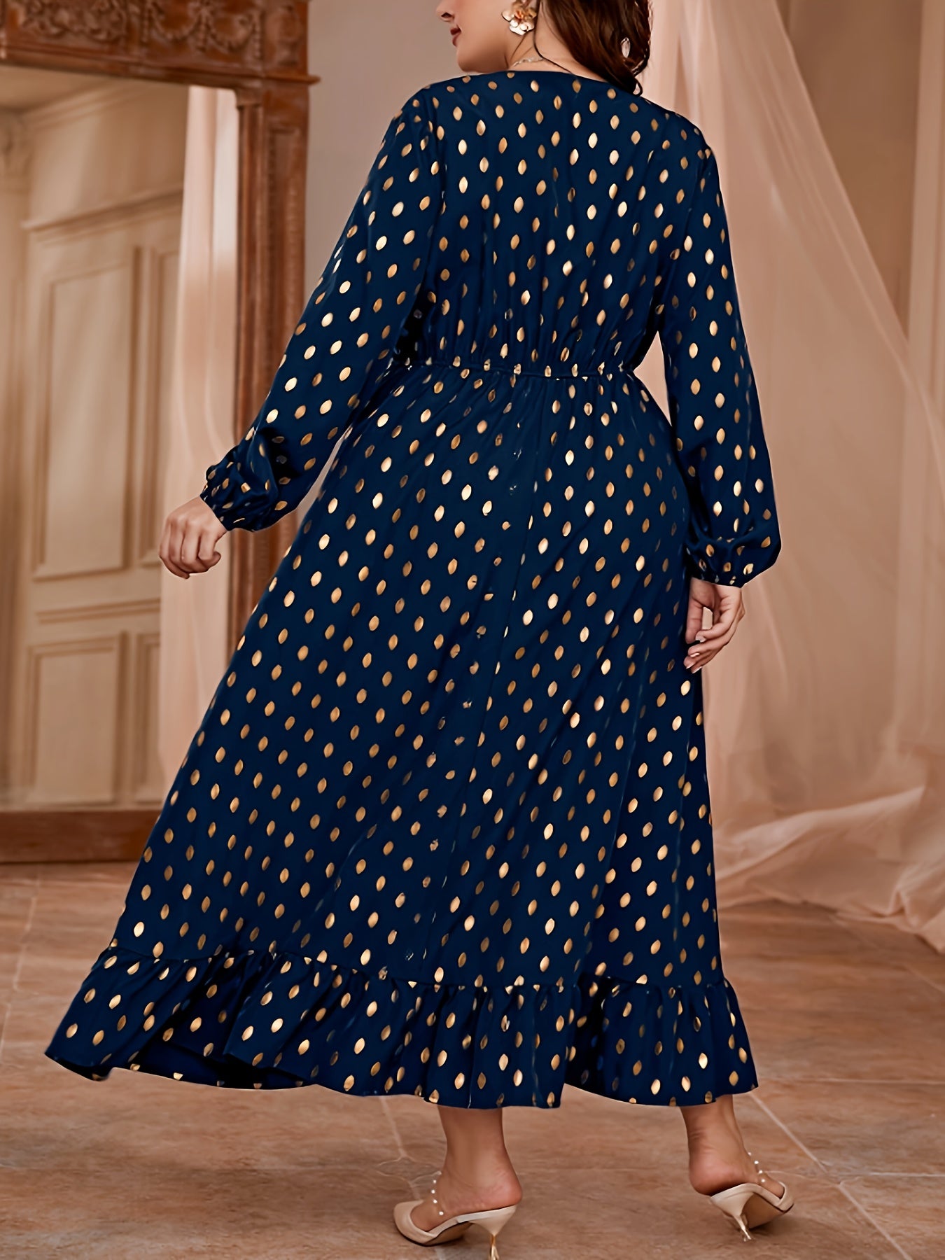 Plus Dot Print Long Sleeve Maxi Dress