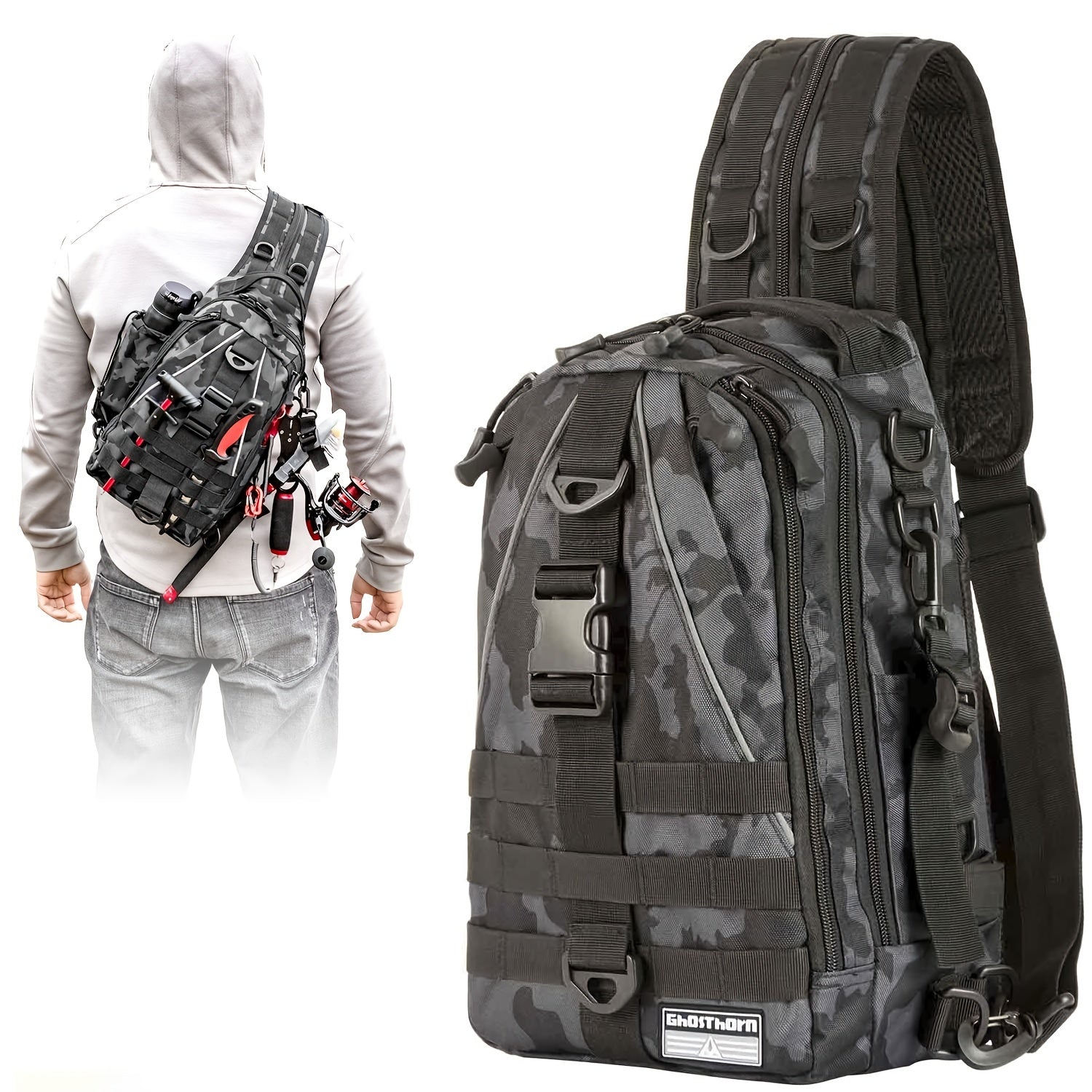Ghosthorn Fishing Backpack with Rod Holder Tackle Sling Bag for Men