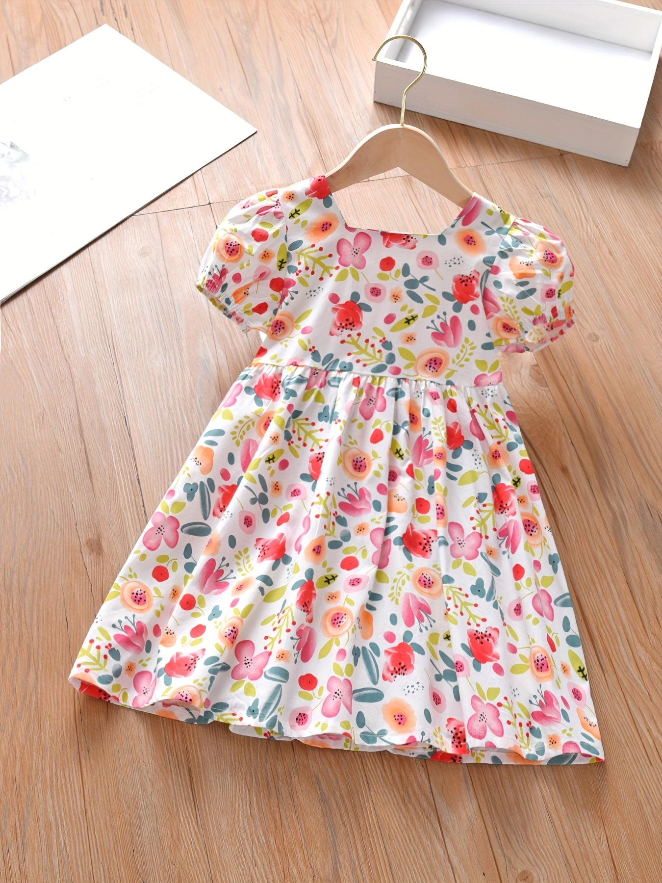 Toddler Girls Puff Sleeve Flowers Graphic Princess Dress