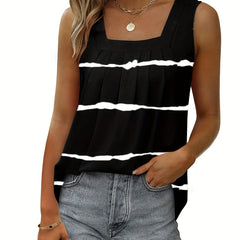 Striped Print Ruched Tank Top Square Neck Sleeveless Casual