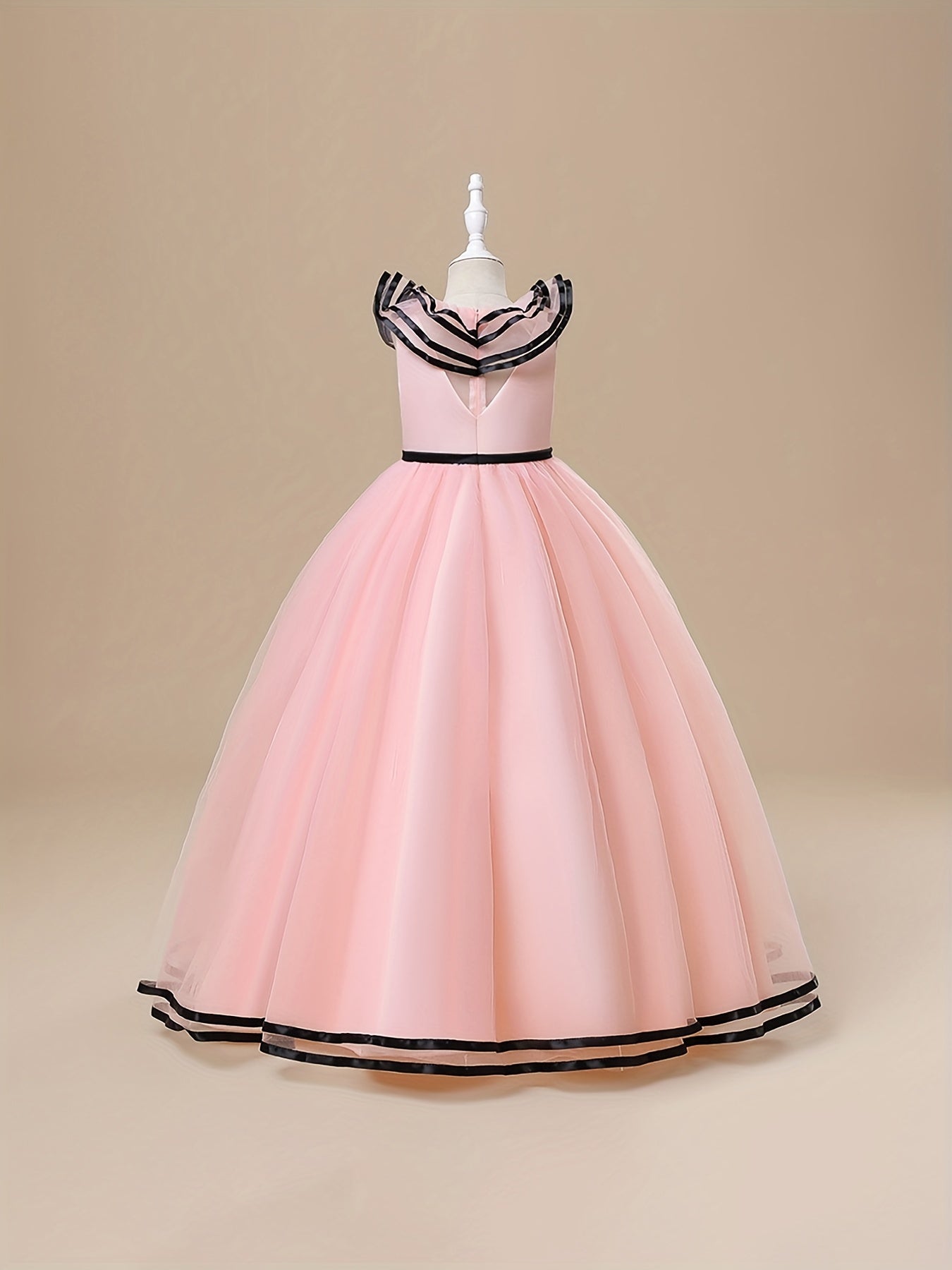 Girls Satin & Tulle Ruffle Collar Maxi Ball Gown
