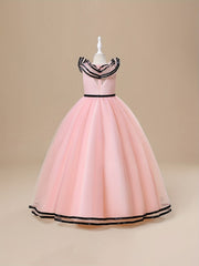 Girls Satin & Tulle Ruffle Collar Maxi Ball Gown