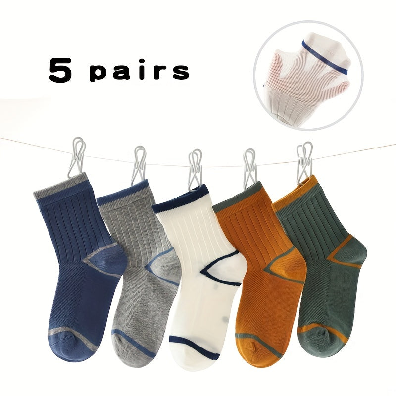 5 Pairs Boys Striped Crew Socks Breathable Comfy Sports Socks for Kids