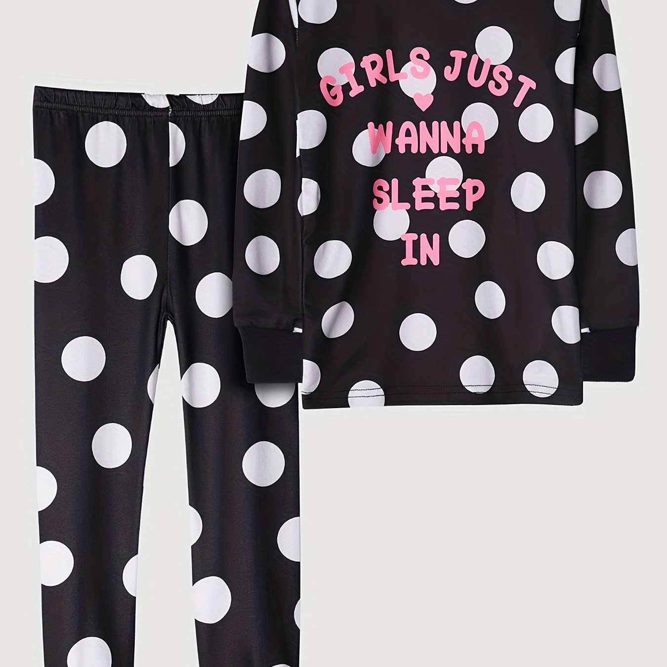 Girl's Dots Print Pajama Set Polyester Elastane Crew Neck Pants