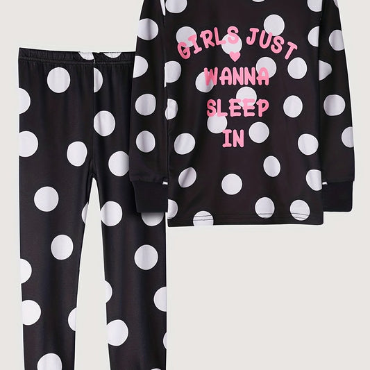 Girl's Dots Print Pajama Set Polyester Elastane Crew Neck Pants