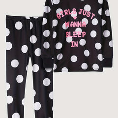 Girl's Dots Print Pajama Set Polyester Elastane Crew Neck Pants
