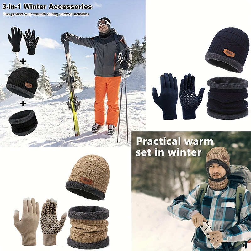 3pcs Winter Knitted Beanie Hat Neck Warmer Gloves Set