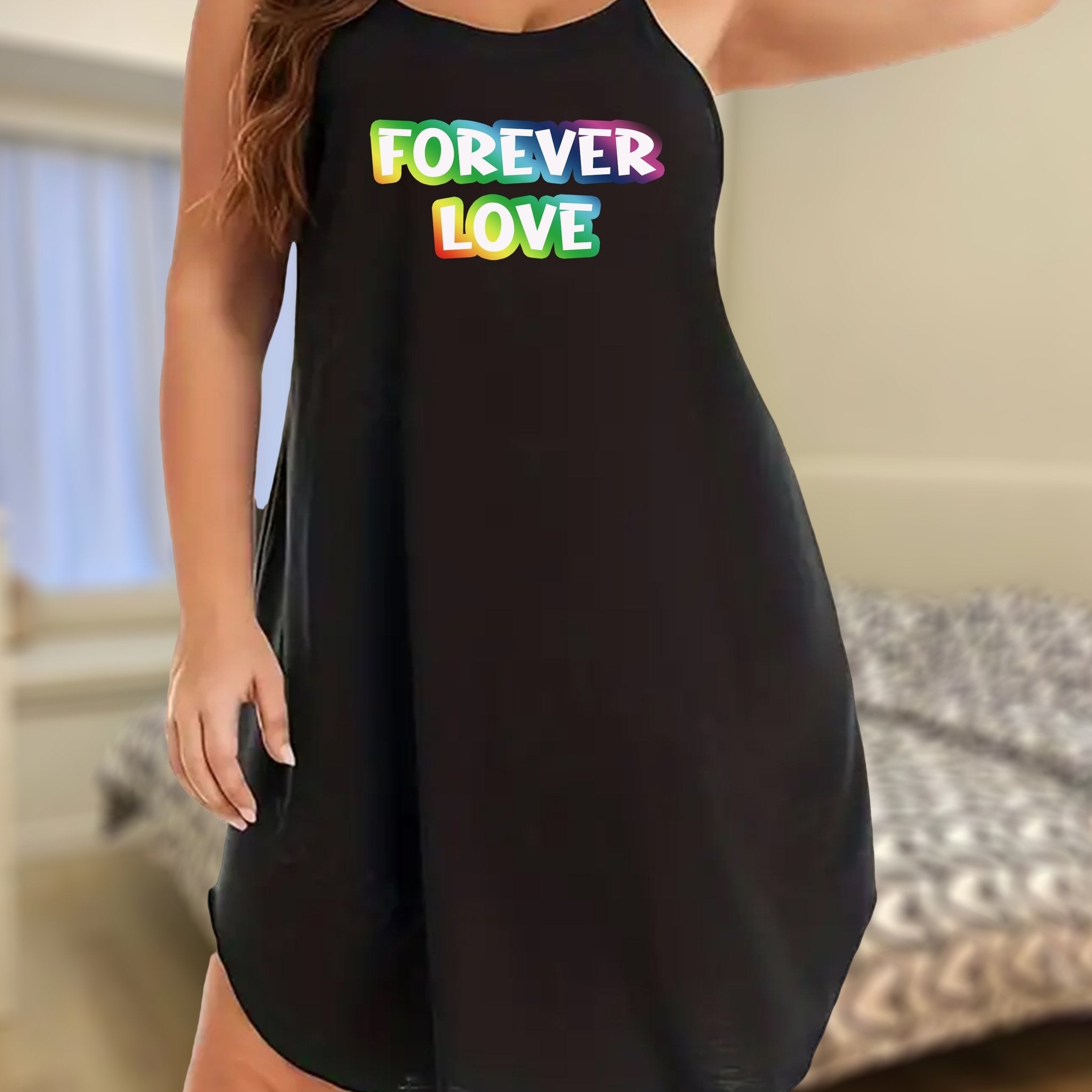 Nightdress Women's Plus Rainbow Letter Print Round Neck Medium Stretch
