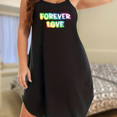 Nightdress Women's Plus Rainbow Letter Print Round Neck Medium Stretch