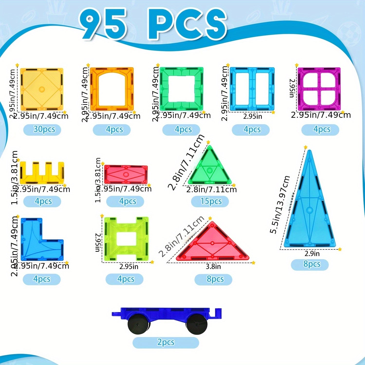 Magnetic Building Tiles 95pcs Magnetic Blocks For Kids with 2 Cars