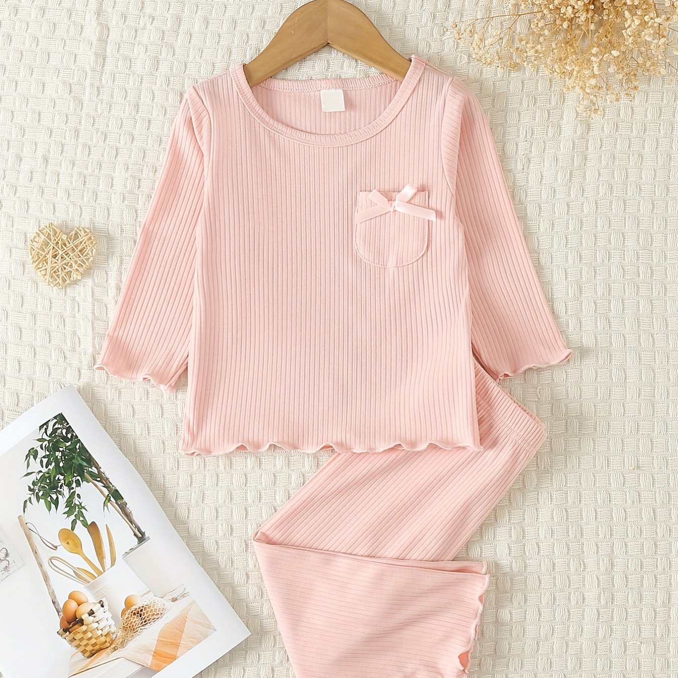 Toddler Pajamas 2pcs Ribbed Top & Pants Set Solid PJ Set Girl's Loungewear