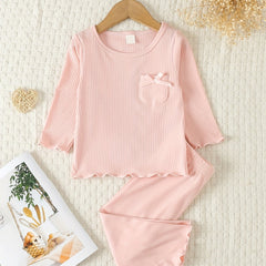 Toddler Pajamas 2pcs Ribbed Top & Pants Set Solid PJ Set Girl's Loungewear