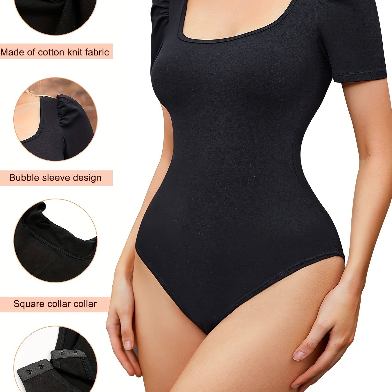 Square Neck Tight Bodysuit Bubble Sleeve Shapewear