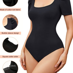 Square Neck Tight Bodysuit Bubble Sleeve Shapewear