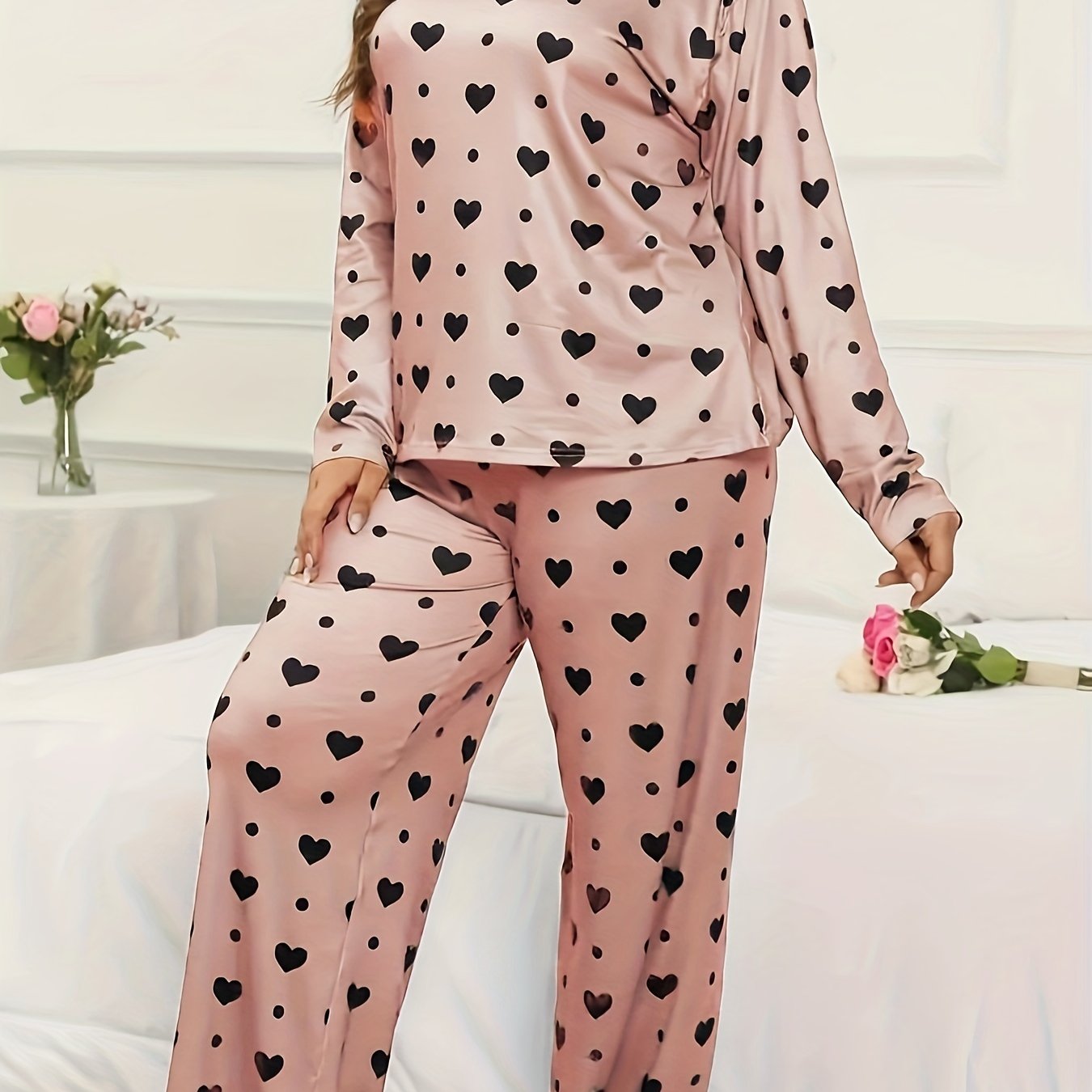 Heart & Polka Dot Print Long Sleeve Pajamas Set