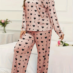 Heart & Polka Dot Print Long Sleeve Pajamas Set