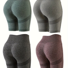 4pcs Seamless Solid Butt Lifting Sports Shorts High Waist Yoga Running Shorts
