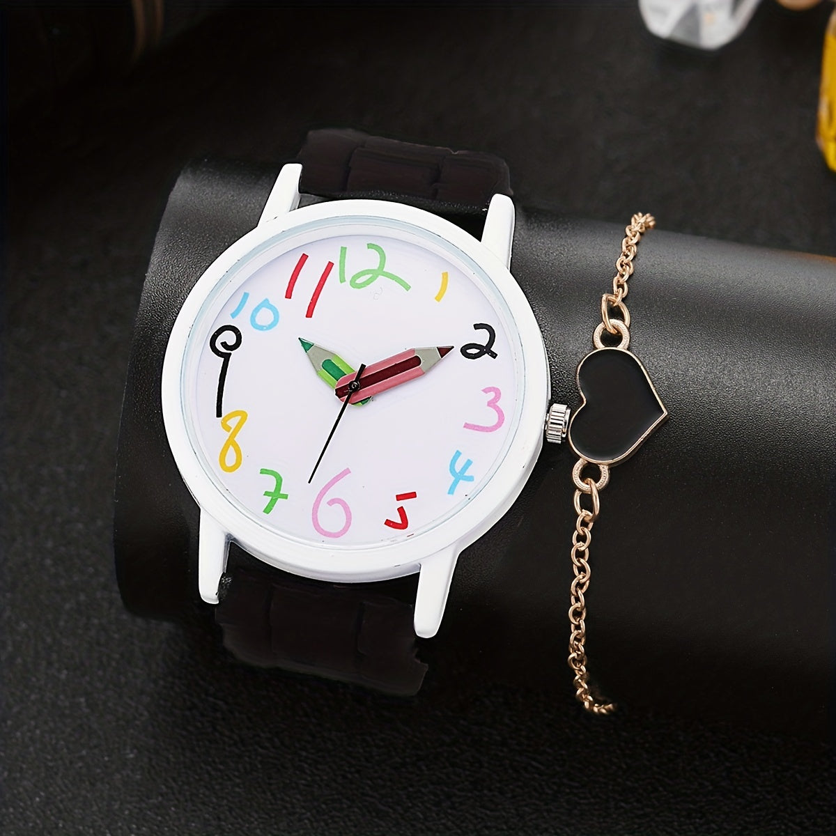 PVC Girls Strip Round Wrist Watch & Heart Bangle Set