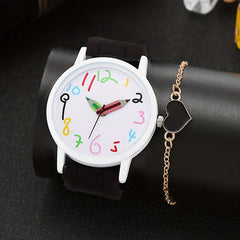 PVC Girls Strip Round Wrist Watch & Heart Bangle Set
