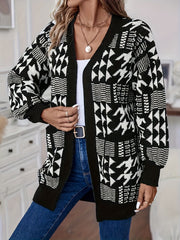 Women's Plus Geometric Print Long Sleeve Open Front Cardigan With Pockets