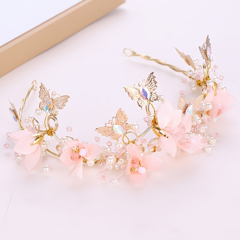 Golden Crystal Faux Pearl Butterfly Crown Tiara Headband for Bride