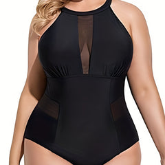 Contrast Mesh Halter Cut Out One Piece Swimsuit