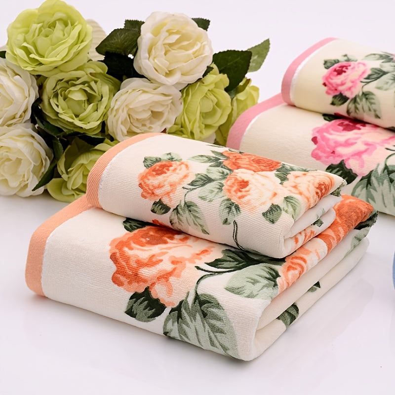2pcs Flower Pattern Towel Set Soft Hand Bath Towel Absorbent Towels For Bathroom