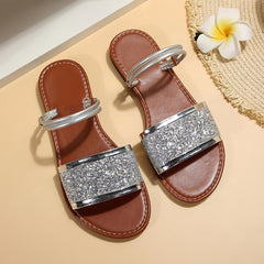 Women's Sequin Flat Sandals Open Toe Slides Shoes