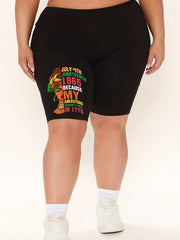 Women's Plus Graphic & Letter Print High Rise Skinny Fitness Shorts