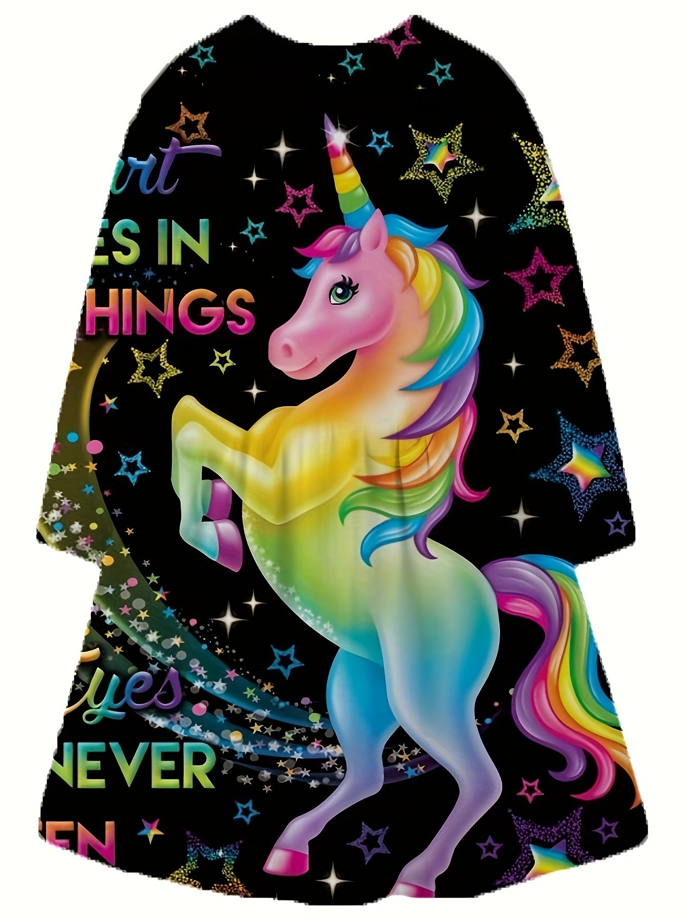 Girls 3D Unicorn & Star Crew Neck Long Sleeve Dress Spring Fall Party Gift