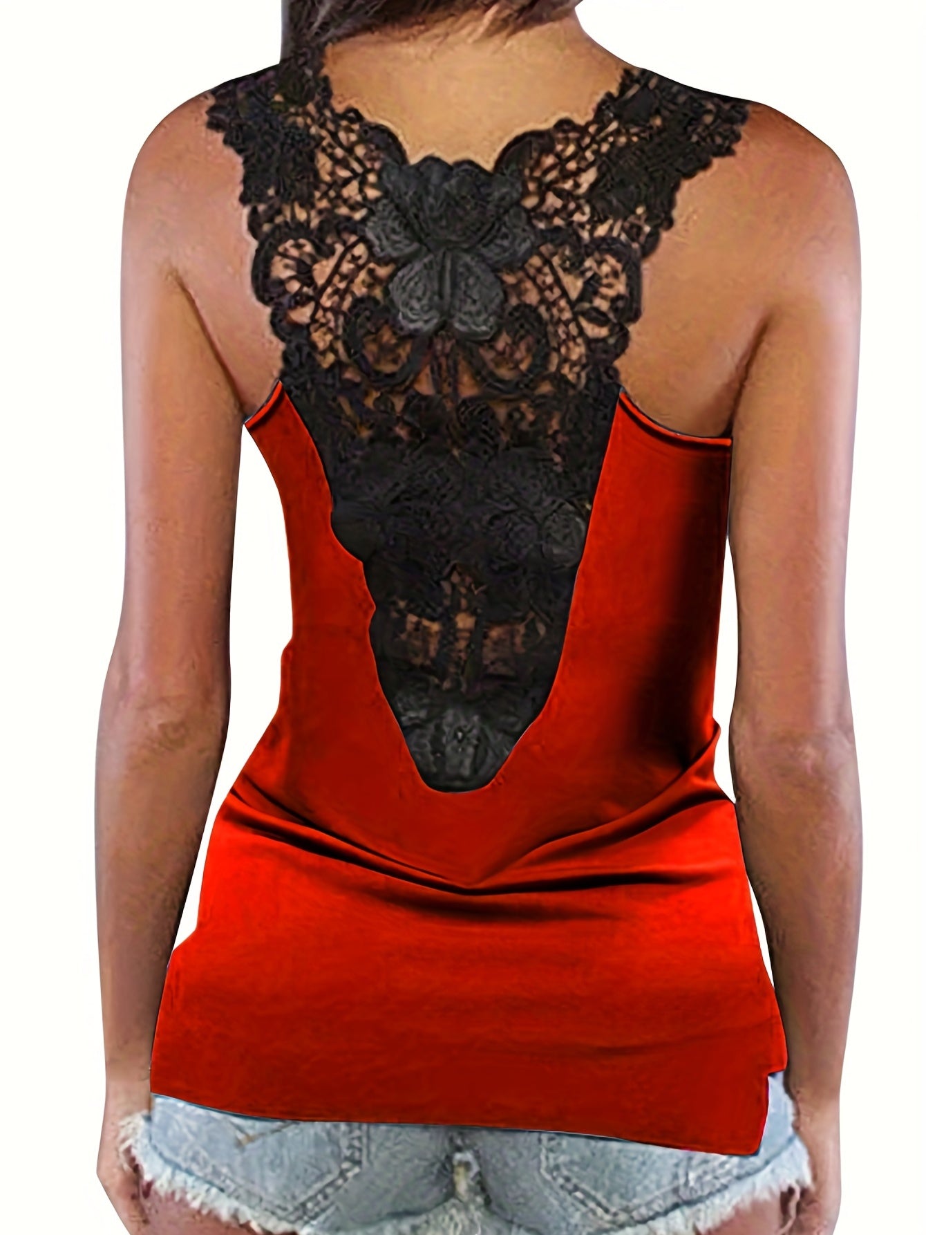 Lace Contrast Sleeveless Tank Top Sexy Summer Women's Clothing