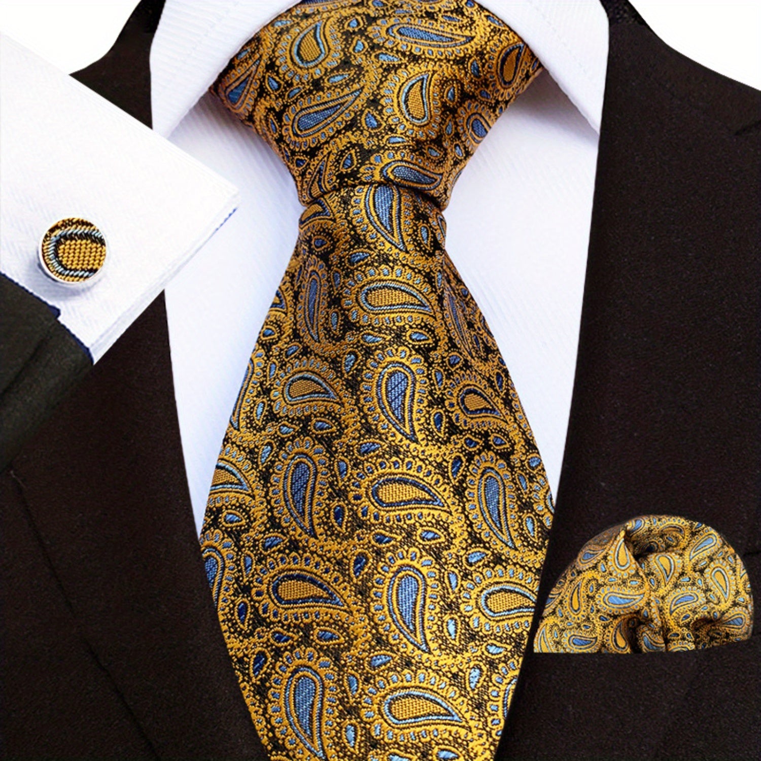 Men's Paisley Tie Jacquard Necktie Handkerchief Clip Set