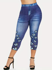 Denim & Butterfly Print Capris Leggings for Women