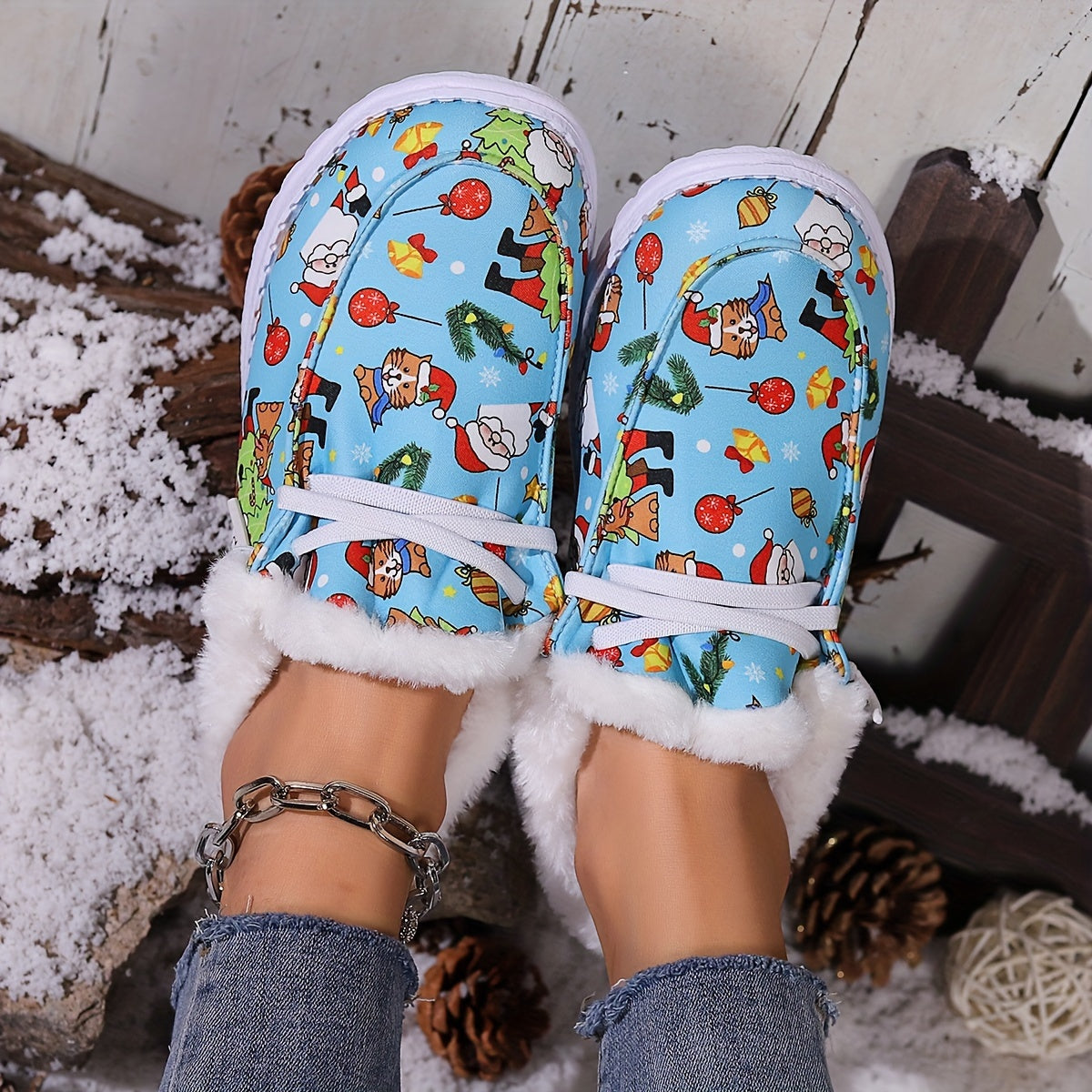 Christmas Snow Boots Santa Claus Kitten Pattern Plush Comfort Flats