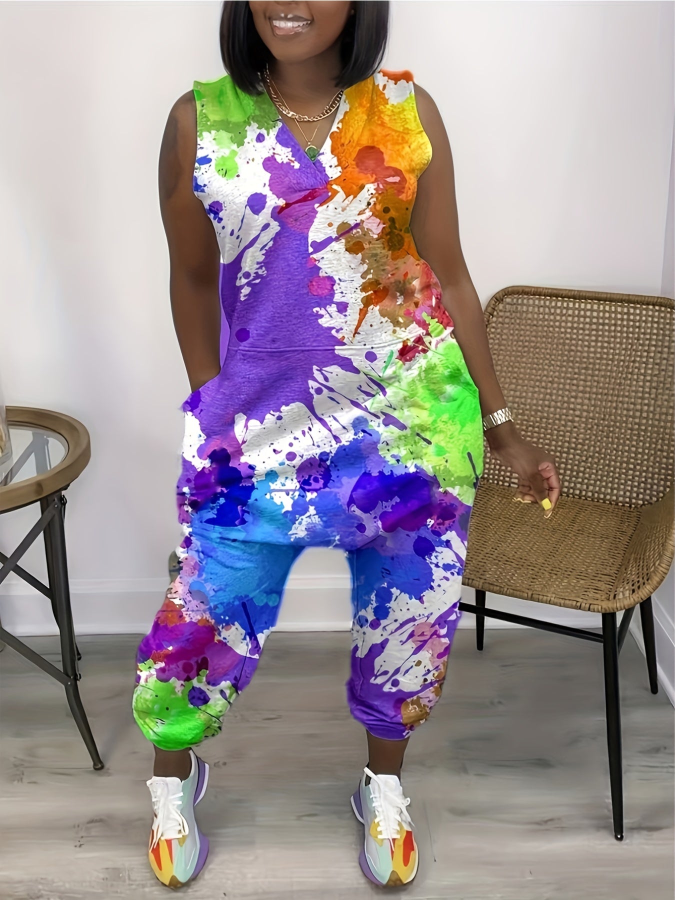Tie Dye Print Sleeveless Jumpsuit Women's Plus High Stretch