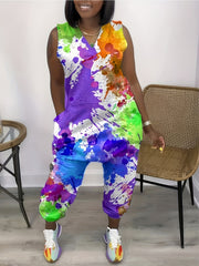 Tie Dye Print Sleeveless Jumpsuit Women's Plus High Stretch