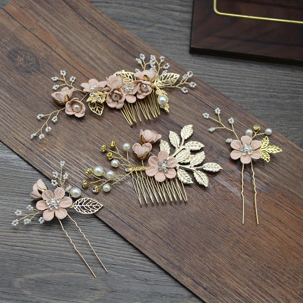 4pcs Flower Hairpin Faux Pearl Rhinestone U Shaped Hair Pin Hair Accessories
