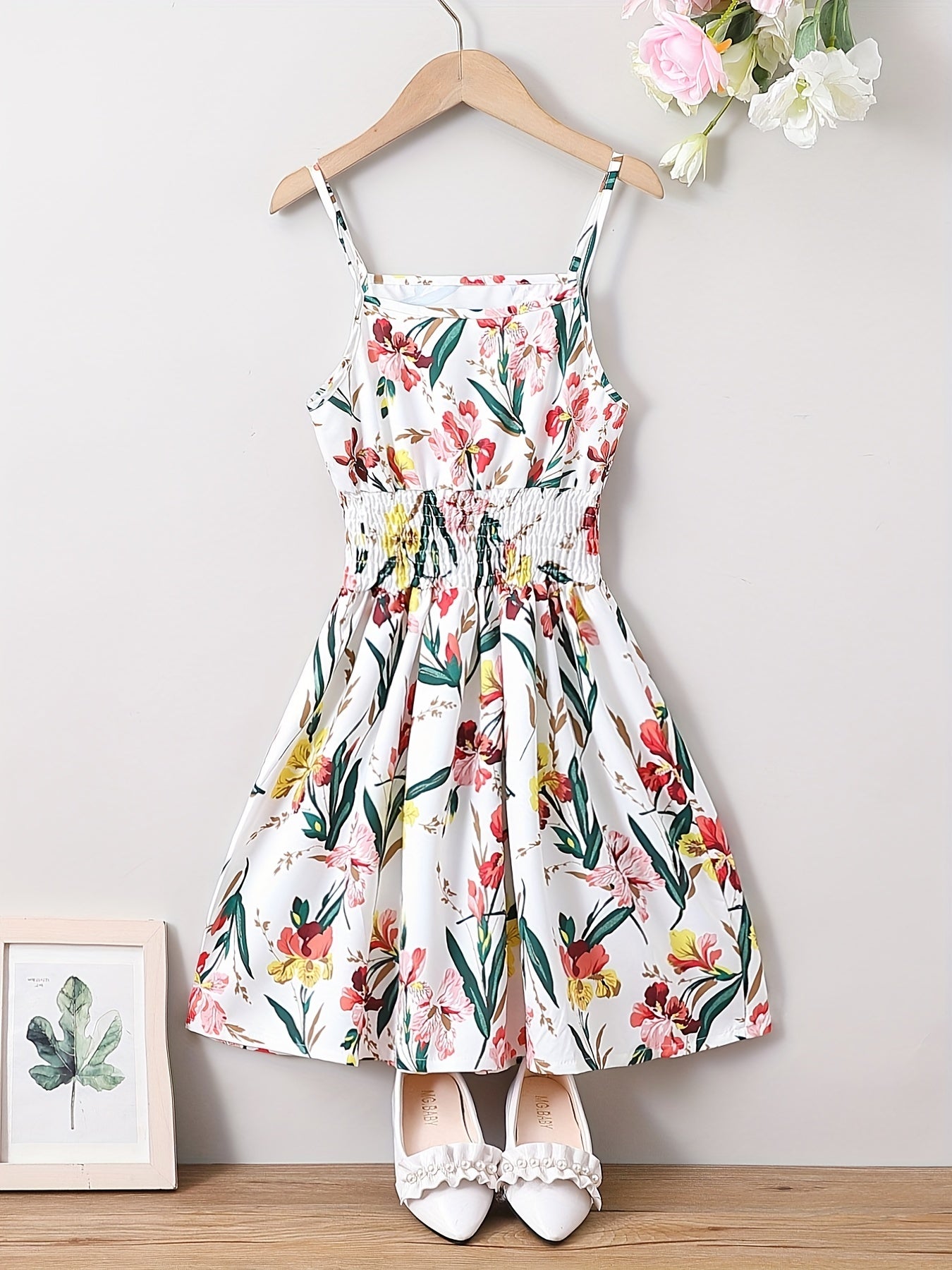 Girls Sling Dress Flower Casual Shirred Camisole Dress