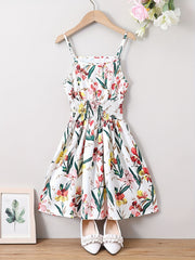 Girls Sling Dress Flower Casual Shirred Camisole Dress