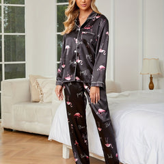 Flamingo Print Pajama Set Long Sleeve Top & Pants