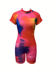 Tie Dye Mock Neck Romper Jumpsuit Short Sleeve Casual Romper