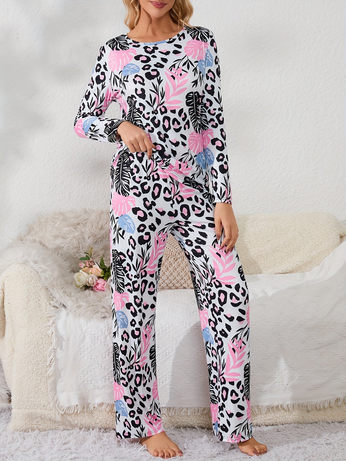 Leopard Print Pajama Set Long Sleeve Top & Pants